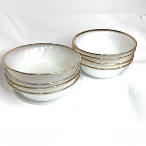 Vintage Fire King Milk Glass Berry Bowls Set of 8 Gold Trim Swirl Dessert Bowls